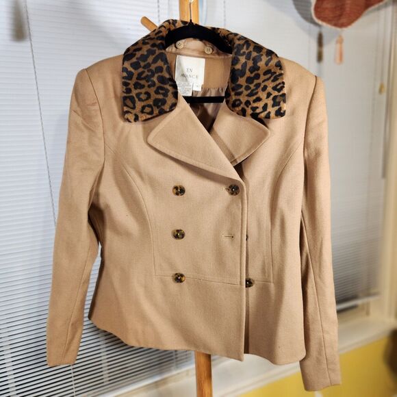 Vintage NEW $165 Sz 10 Wool Camel Peacoat Removable Faux Fur Collar by En Avance - Picture 1 of 11
